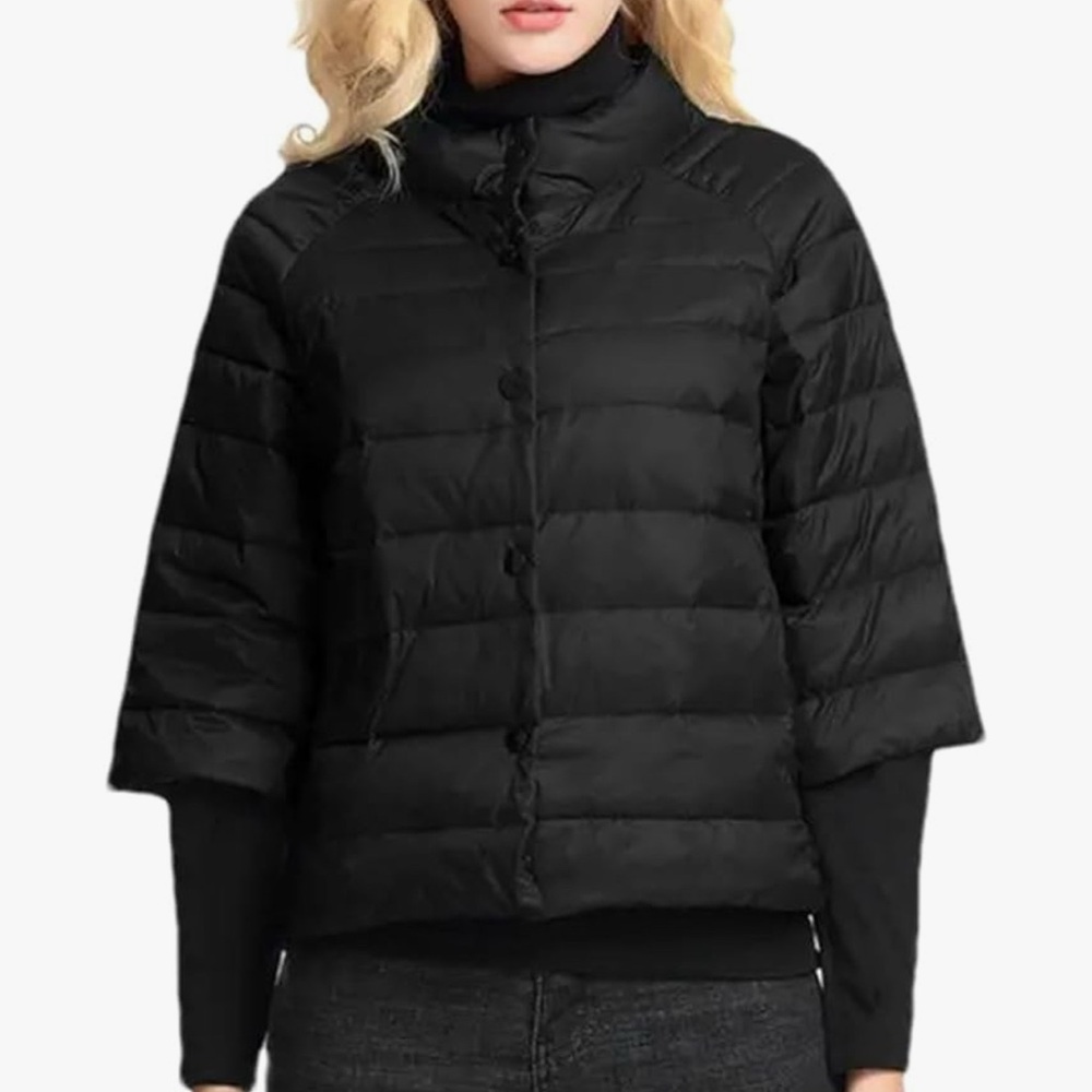 Women's 3/4 Sleeve Black Puffer Jacket